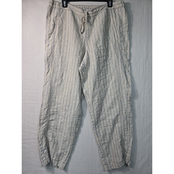 J. Jill Pants - J. Jill Wide Leg Pants Womens Sz L Tan White Striped Linen Pockets Drawstring